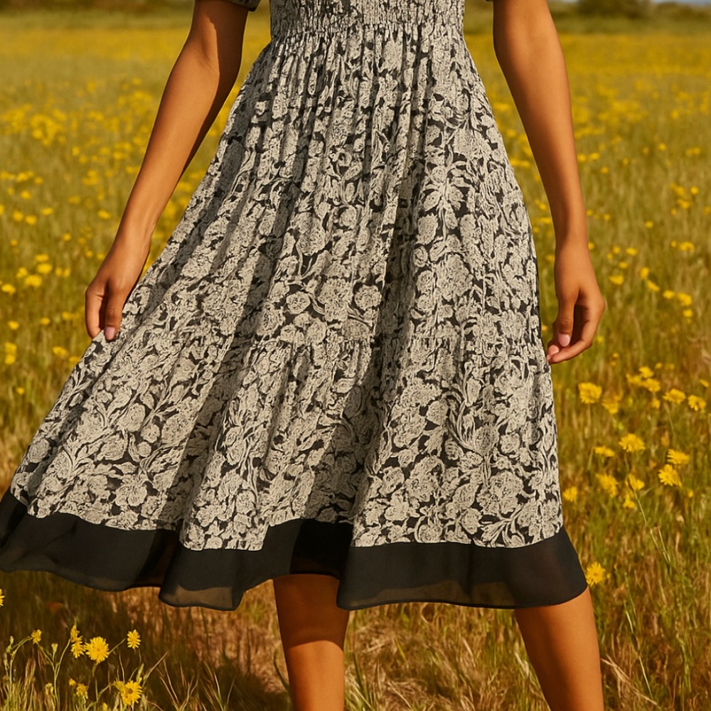 👗🌟Anthropologie Square Neck Smocked Midi Dress Boho Floral Black White XS 0 2 - Picture 8 of 12